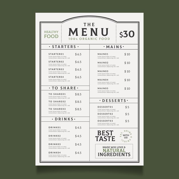 Vintage healthy food menu template