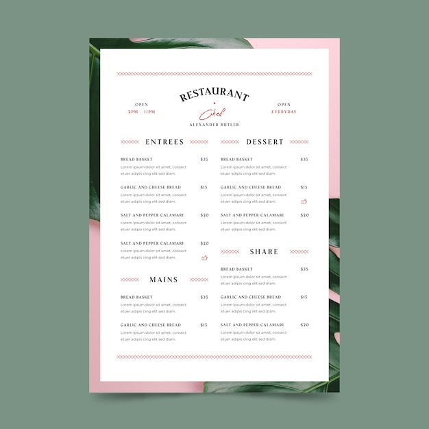 Vintage healthy food restaurant menu template