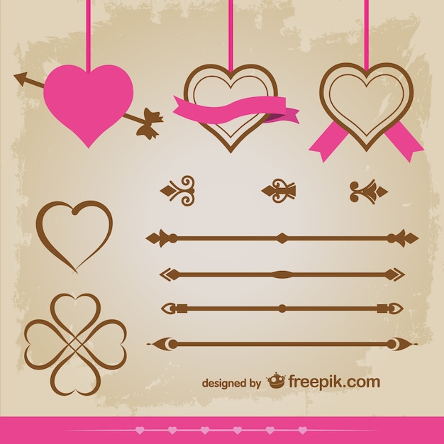 Vettore gratuito cuori d'epoca ornamenti vector design set