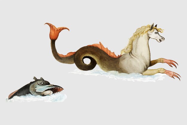Vintage hippocampus and fish illustration vector