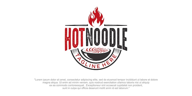 Винтажный дизайн логотипа горячей лапши. лапша, миска и вектор огня