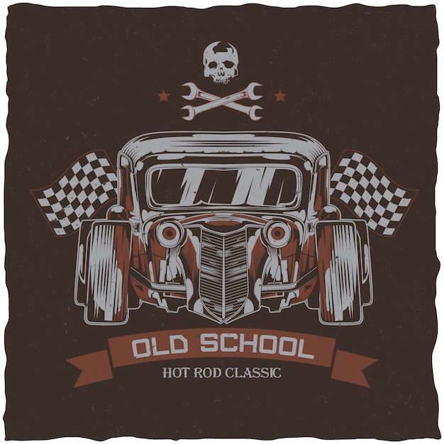 Vettore gratuito design vintage dell'etichetta della t-shirt hot rod con illustrazione di un'auto personalizzata. illustrazione disegnata a mano.