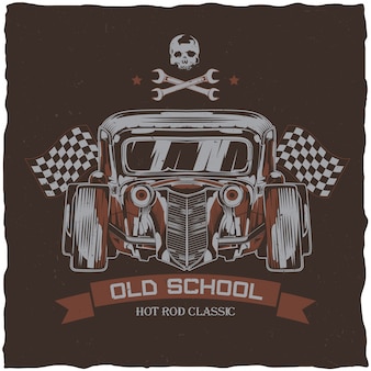 Vintage hot rod t-shirt label design with illustration of custom speed car. hand drawn illustration.