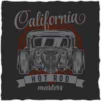 Vettore gratuito design vintage dell'etichetta della t-shirt hot rod con illustrazione di un'auto personalizzata. illustrazione disegnata a mano.