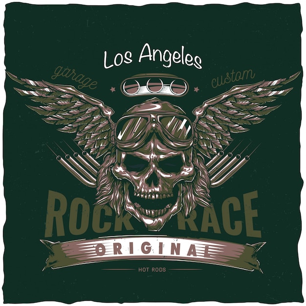 Free vector vintage hot rod t-shirt label design with illustration of driver skull with glasses and wings. hand drawn illustration.