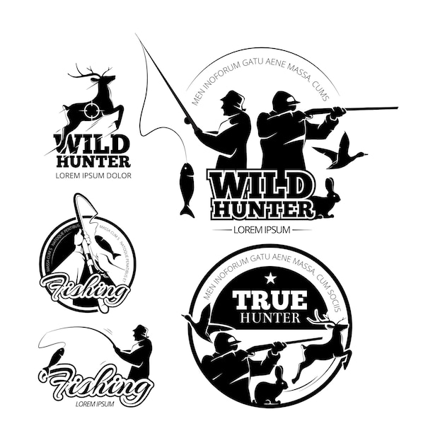 Набор старинных охотничьих и рыболовных векторных этикеток, логотипов и эмблем. олень и ружье, удочка и прицеливание