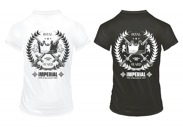 Free vector vintage imperial prints concept with inscription royal crown crossed swords laurel wreath on shirts isolated