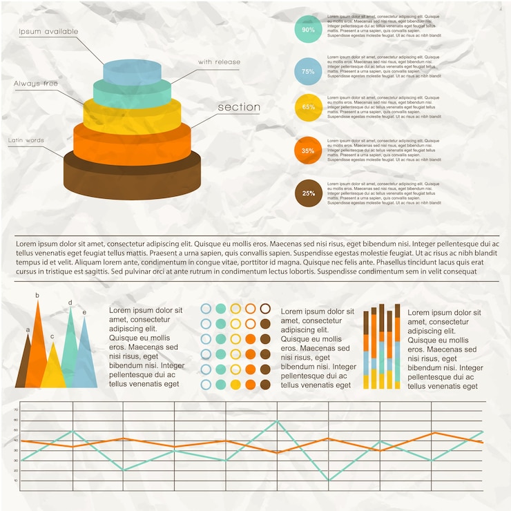 Free Vector vintage infographics set with colorful diagram and graph templates on crumpled paper