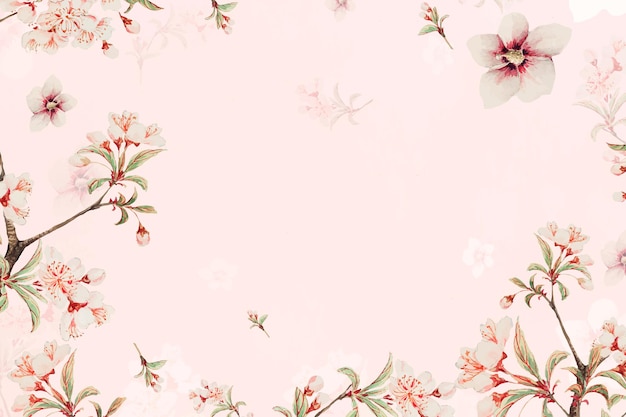 빈티지 일본 꽃 배경 복숭아 꽃과 히비스커스 예술 프린트, Megata Morikaga의 작품에서 리믹스