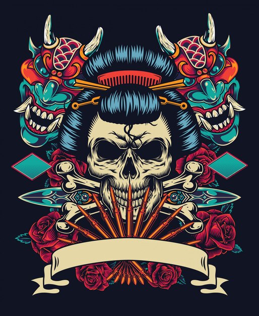 Vintage japanese tattoo style colorful template