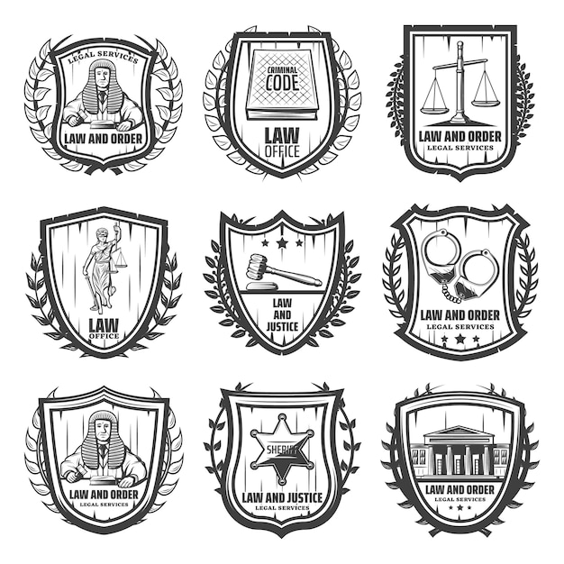 Vintage justice emblems set with judge law book scales Themis statue gavel handcuffs sheriff badge courthouse isolated 