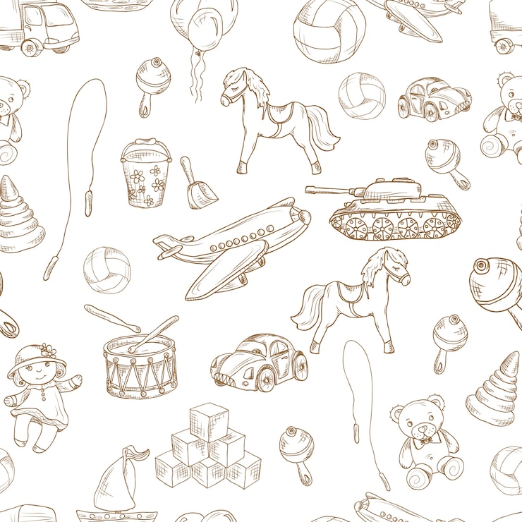 Free Vector vintage kids toys sketch seamless pattern with blocks balloon jumping rope vector illustration.