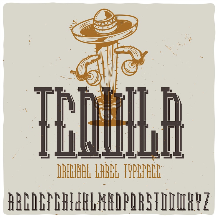 Free Vector vintage label typeface named "tequila" with cactus