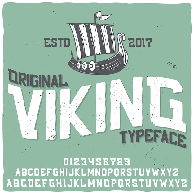 Винтажный шрифт этикетки «викинг» с изображением корабля.