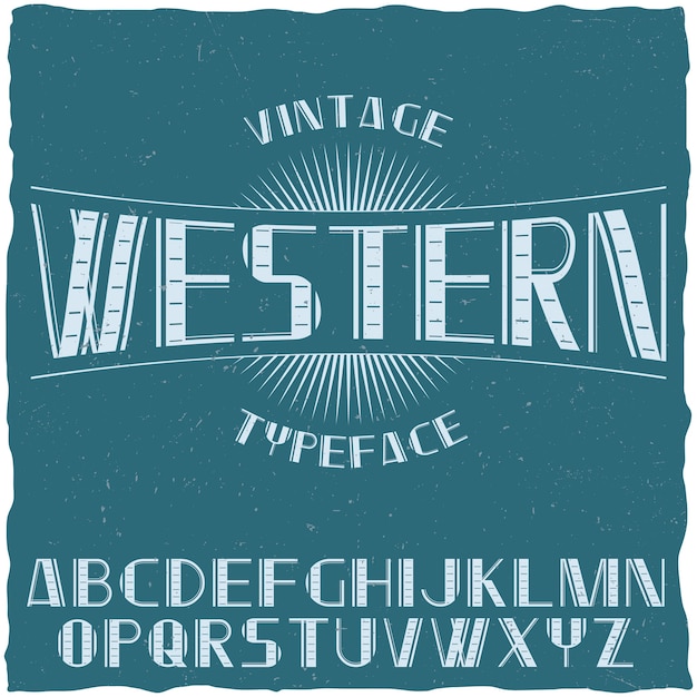 Carattere tipografico etichetta vintage denominato western con alfabeto sull'illustrazione blu