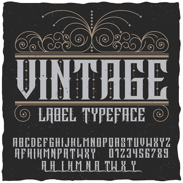 Vettore gratuito poster di carattere tipografico etichetta vintage con alfabeto e figure sul nero