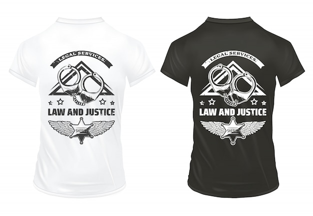 빈티지 법과 정의는 고립 된 셔츠에 비문 수갑과 경찰 배지 템플릿을 인쇄합니다.
