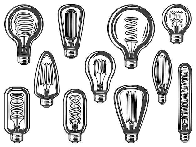 Vintage lightbulbs collection with energy efficient and saving bulbs of different shapes isolated