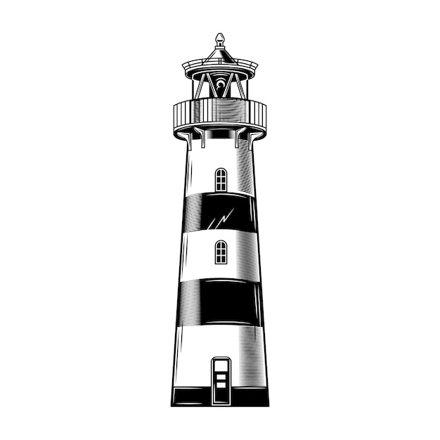 Vintage lighthouse building vector illustration. Monochrome classical beacon.