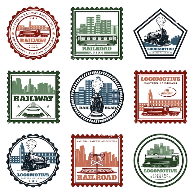 Free vector vintage locomotive stickers and stamps set