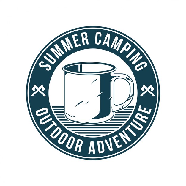 Vintage logo, print apparel design,  illustration of emblem, patch, badge with classic old metal cup for drink water tea coffee in trip. adventure, travel, summer camping, outdoor, journey.