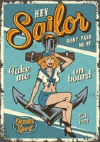 Free vector vintage marine colorful poster with pin up girl