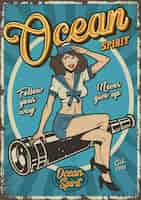 Vettore gratuito poster colorato marino vintage con pin up girl