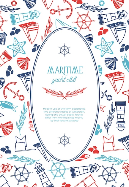 Free vector vintage marine template with text in oval frame and hand drawn nautical elements