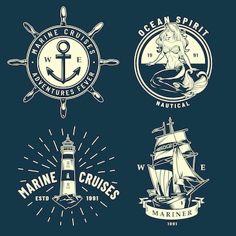 Vintage maritime and sea emblems set