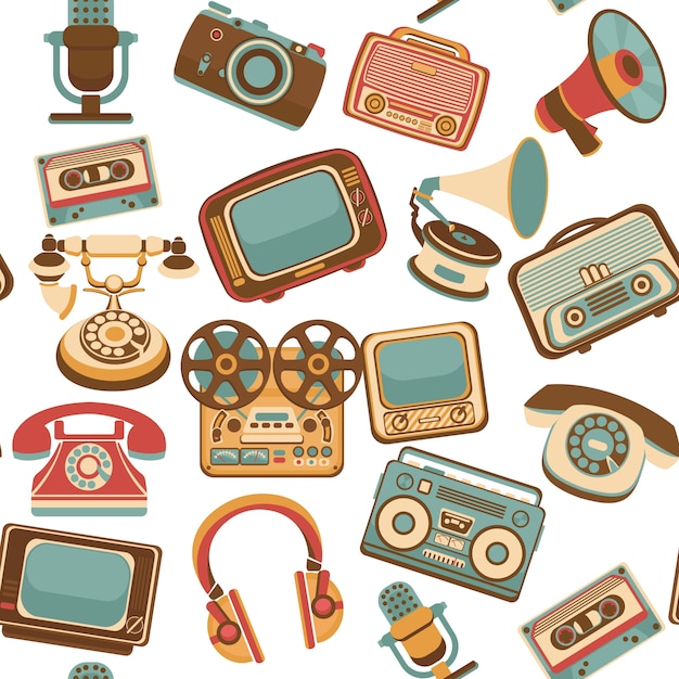 Vettore gratuito vintage media gadget colorato senza soluzione di continuità con illustrazione vettoriale elettronica di oggetti d'epoca