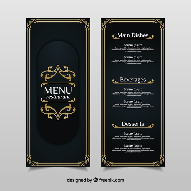 Vintage menu template con ornamenti dorati