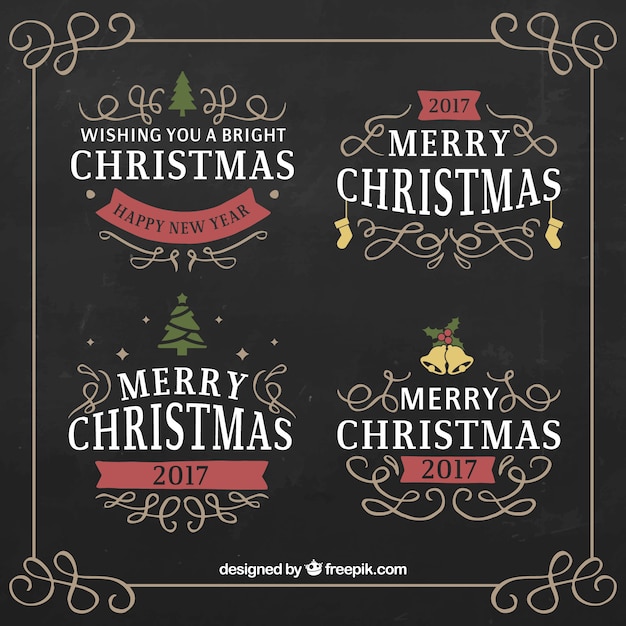 Free vector vintage merry christmas labels with red details