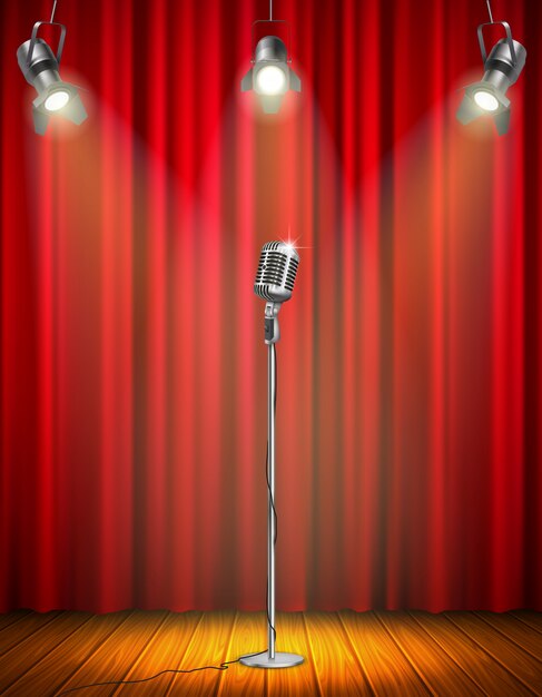 Vintage microphone on illuminated stage with red curtain three hanging spotlights wooden floor vector illustration