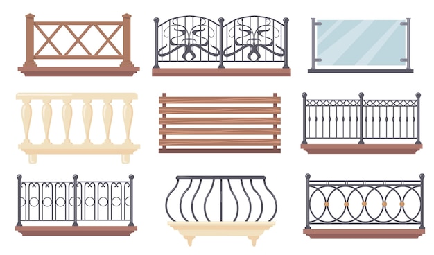 Vintage and modern balcony railings illustrations set