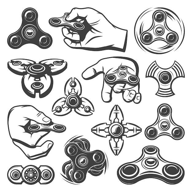 Vintage modern spinners collection with different types of popular trendy rolling and rotating gadget isolated 