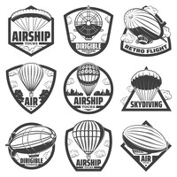 Free vector vintage monochrome airship labels set with inscriptions hot air balloons blimps and dirigibles isolated