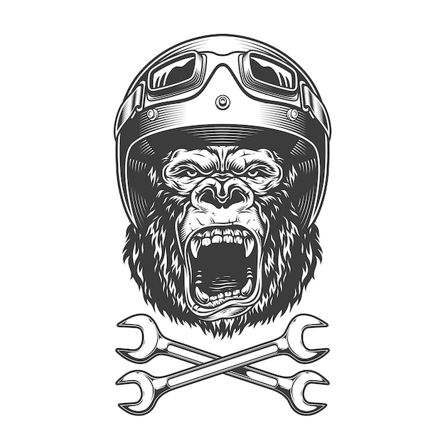 Бесплатное векторное изображение Винтажная монохромная злая голова гориллы