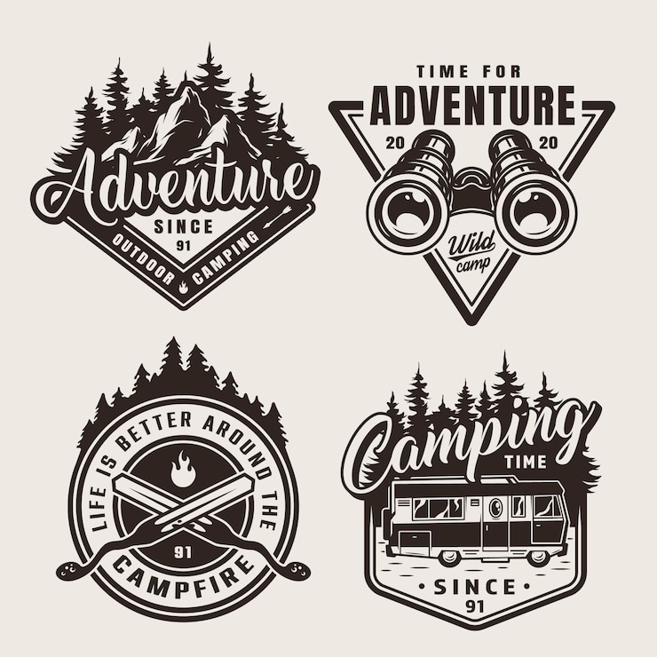 Free Vector vintage monochrome camping adventure emblems