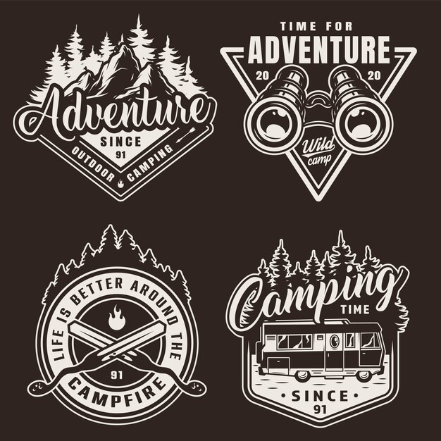 Vintage monochrome camping labels