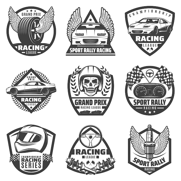 Vintage monochrome car racing labels set with fast vehicles automobile parts skull helmet finish flags isolated