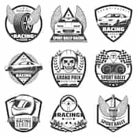 Free vector vintage monochrome car racing labels set with fast vehicles automobile parts skull helmet finish flags isolated