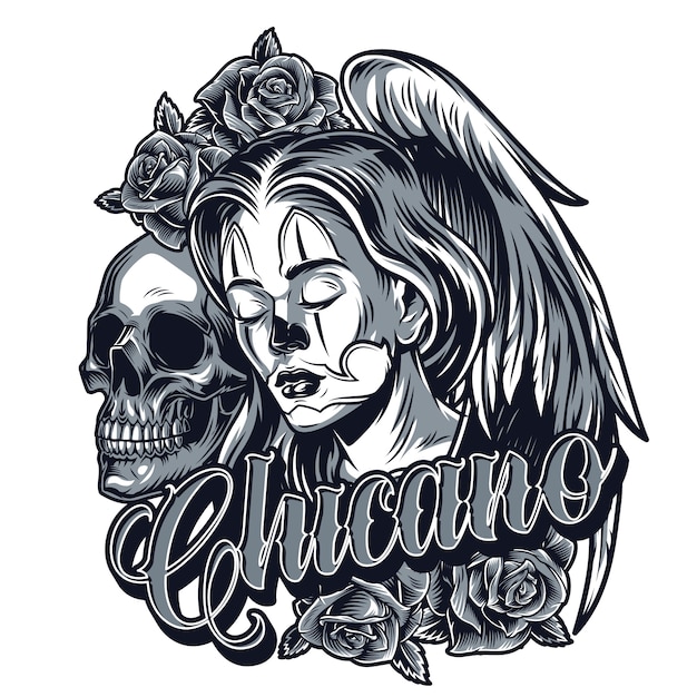 Vettore gratuito concetto di tatuaggio chicano monocromatico vintage