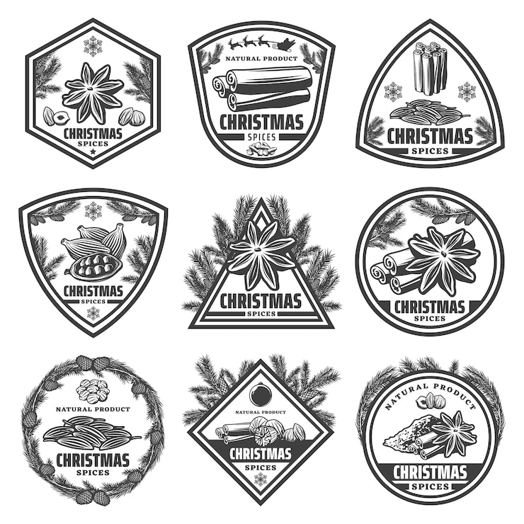 Free Vector vintage monochrome christmas spices labels set with cardamom cumin star anise cinnamon coriander isolated