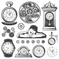 Free vector vintage monochrome clocks repair elements set