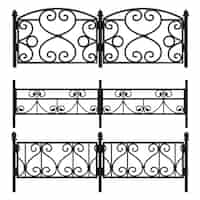 Free vector vintage monochrome collection of wrought iron fence and railing with swirls isolated on white background realistic vector illustration