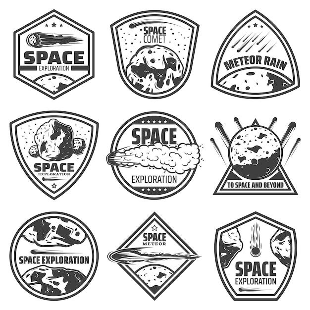 Vintage monochrome comets labels set with inscriptions falling meteors asteroids and meteorites isolated