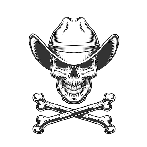 Vintage monochrome cowboy skull and crossbones