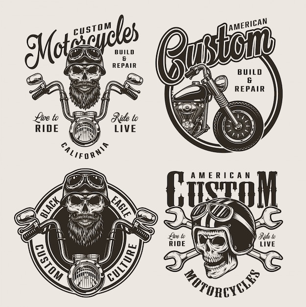 Vintage monochrome custom motorcycle badges