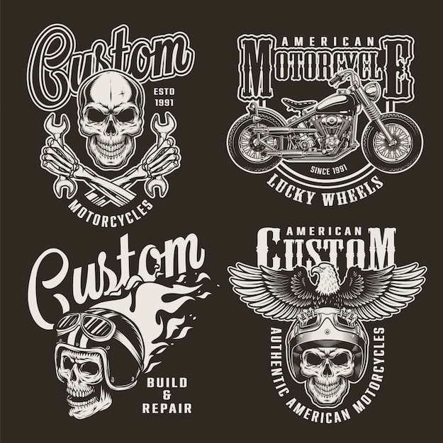 Vintage monochrome custom motorcycle badges