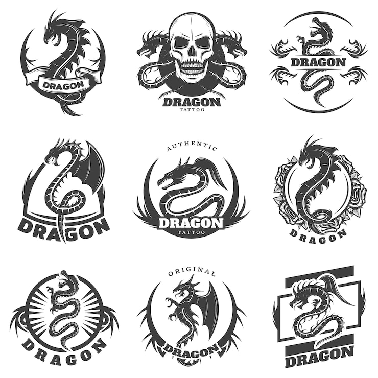 Free Vector vintage monochrome dragon tattoo labels set